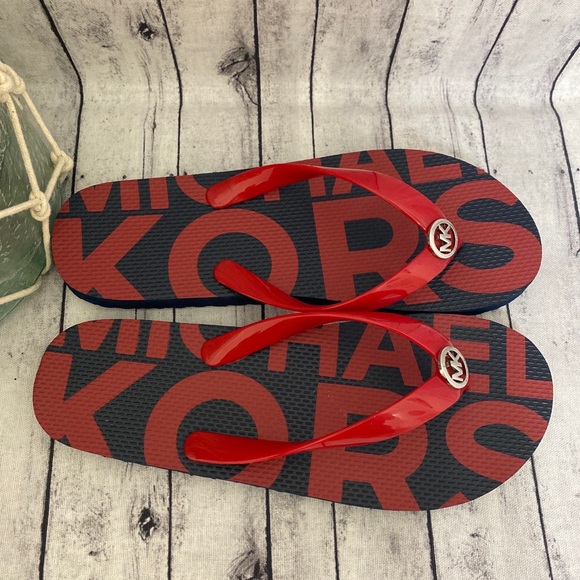 NEW! MICHAEL KORS WOMENS NAVY AND RED FLIP FLOPS MK LOGO - Picture 4 of 4